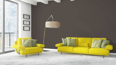 Modern parlak iç. 3D render