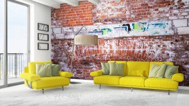 Modern parlak iç. 3D render