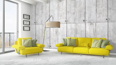 Modern parlak iç. 3D render