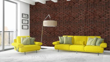 Modern parlak iç. 3D render