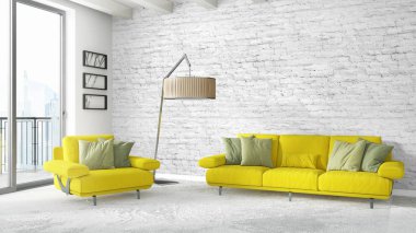 Modern parlak iç. 3D render