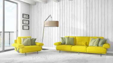 Modern parlak iç. 3D render