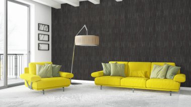 Modern parlak iç. 3D render