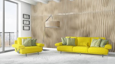 Modern parlak iç. 3D render