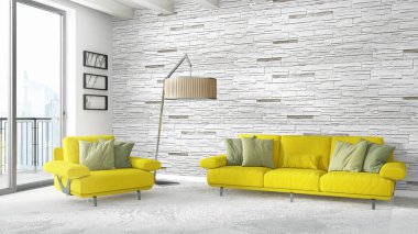 Modern parlak iç. 3D render