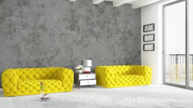 Modern parlak iç. 3D render