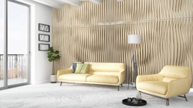 Modern parlak iç. 3D render