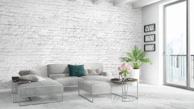 Modern parlak iç. 3D render