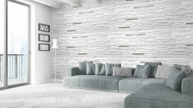 Modern parlak iç. 3D render