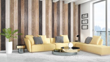 Modern parlak iç. 3D render