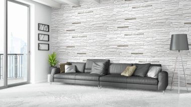 Modern parlak iç. 3D render