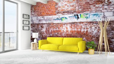 Modern parlak iç. 3D render