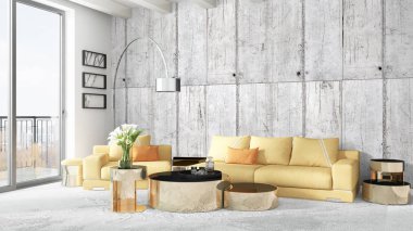 Modern parlak iç. 3D render