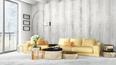 Modern parlak iç. 3D render