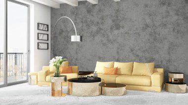 Modern parlak iç. 3D render