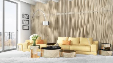 Modern parlak iç. 3D render