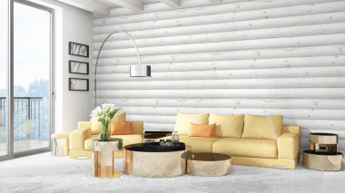 Modern parlak iç. 3D render