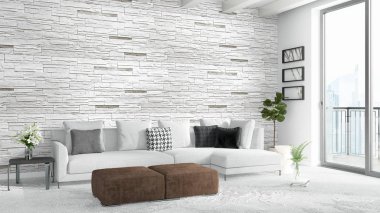 Modern parlak iç. 3D render