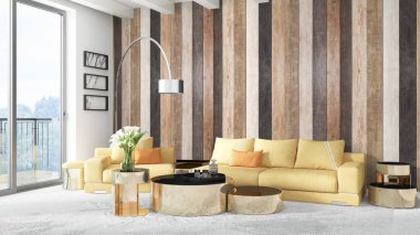 Modern parlak iç. 3D render