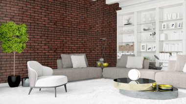 Modern parlak iç. 3D render