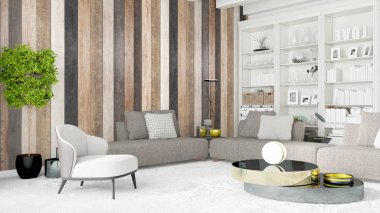 Modern parlak iç. 3D render