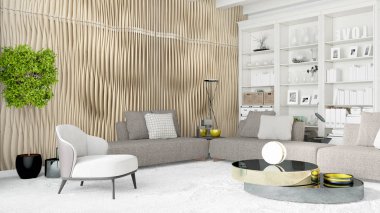 Modern parlak iç. 3D render