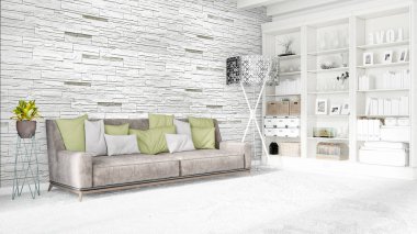 Modern parlak iç. 3D render