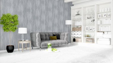 Modern parlak iç. 3D render