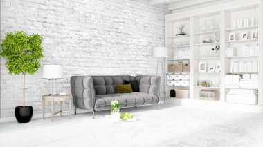 Modern parlak iç. 3D render