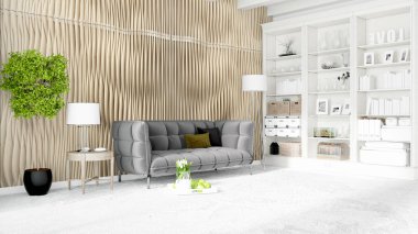 Modern parlak iç. 3D render