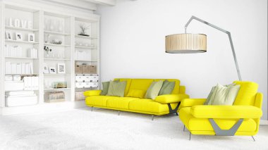 Modern parlak iç. 3D render