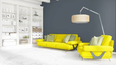 Modern parlak iç. 3D render