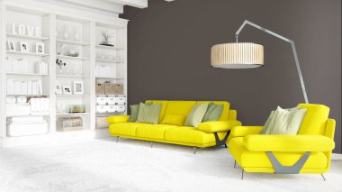 Modern parlak iç. 3D render