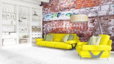 Modern parlak iç. 3D render