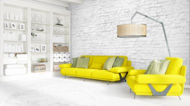 Modern parlak iç. 3D render