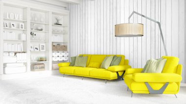 Modern parlak iç. 3D render