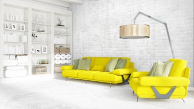 Modern parlak iç. 3D render