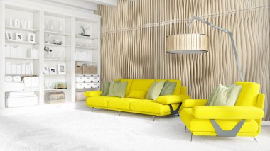 Modern parlak iç. 3D render