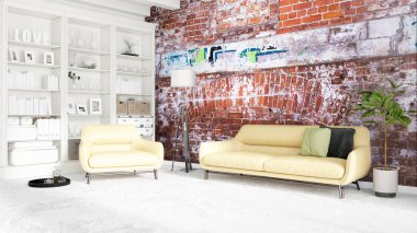 Modern parlak iç. 3D render