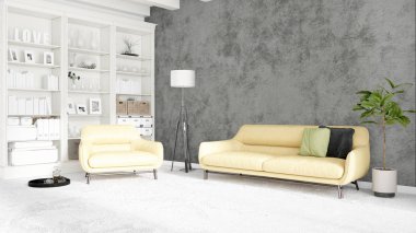 Modern parlak iç. 3D render