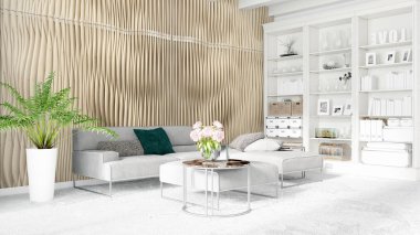 Modern parlak iç. 3D render