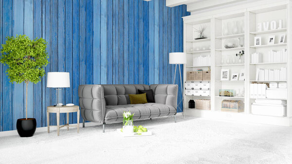 Beautiful modern living room interior with sofa. 3D rendering