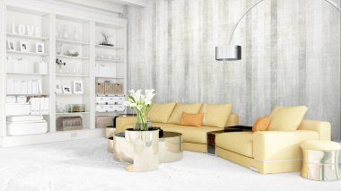 Modern parlak iç. 3D render