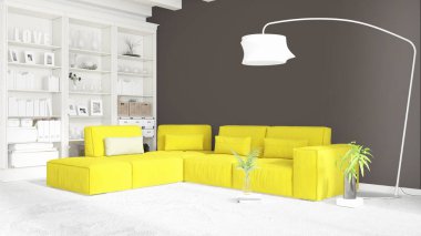 Modern parlak iç. 3D render