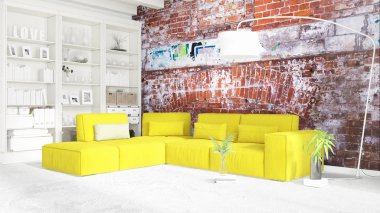 Modern parlak iç. 3D render