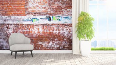 Modern parlak iç. 3D render