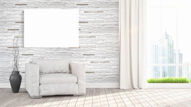 Boş çerçeve ile modern parlak iç. 3D render