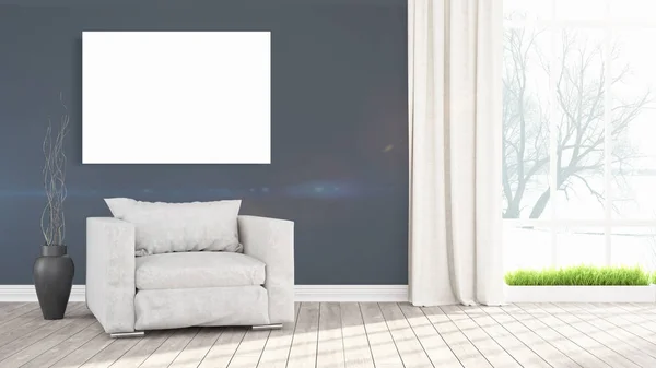 Moderno interno luminoso con cornice vuota. Rendering 3D — Foto Stock