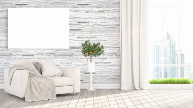 Boş çerçeve ile modern parlak iç. 3D render