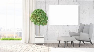 Boş çerçeve ile modern parlak iç. 3D render